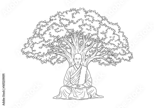 Serene monk meditating peacefully under a large spreading tree, seeking enlightenment and inner calm.