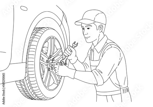 Skilled mechanic expertly tightening car wheel lug nuts with a wrench, ensuring safety and performance.