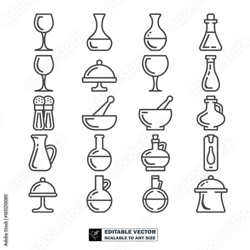 Line art kitchenware icons featuring various dishes and drinkware items for culinary enthusiasts