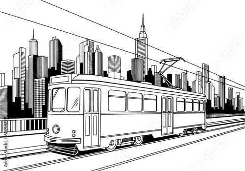 Classic tram travels through vibrant cityscape with modern skyscrapers and overhead wires