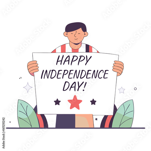 A cheerful person holds a sign that says happy independence day with stars and leaves celebrating the holiday