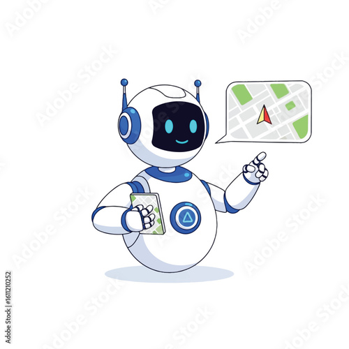 A white cartoon robot holds a tablet and points to a map in a speech bubble.