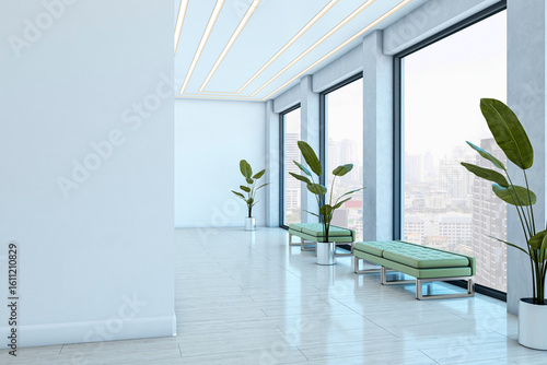 Fototapeta Naklejka Na Ścianę i Meble -  Modern corridor interior with large windows, green benches, potted plants, and blank wall for poster mockup in a bright business building. 3D Rendering