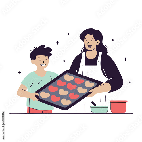 Joyful mother and son baking heart shaped cookies together in the kitchen celebrating family bonding and homemade treats
