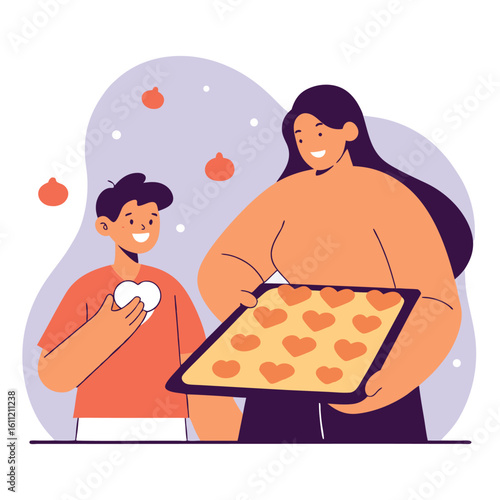 Mother and son happily baking heart shaped cookies together in the kitchen on a bright day