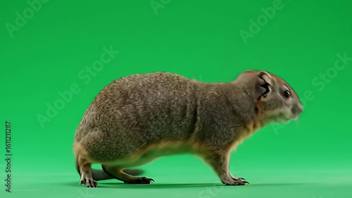 A rock hyrax stands upright with paws clasped on a solid bright green background