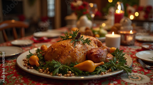 a Christmas roast on a festive dinner table