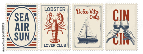Vector art of a collection of vintagestyle postage stamps featuring themes of sea, air, sun, lobsters, sailboats, and wine, evoking a sense of travel and leisure