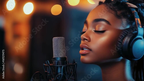 Female vocalist with headphones on, holding a microphone and singing in recording studio with ambient lights creating an intimate atmosphere.