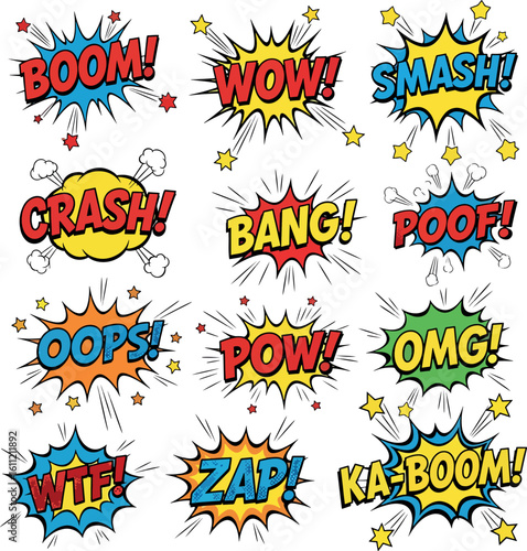 Comic Style Sound Effect Words Collection | Colorful Pop Art Onomatopoeia BOOM ZAP BANG WOW Smash Stickers Illustration