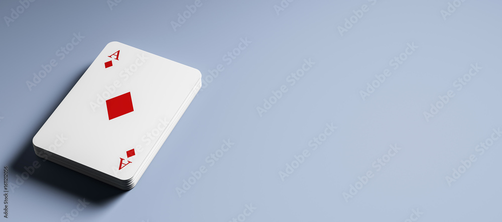 Obraz premium Stack of playing cards with ace of diamonds on top placed on smooth surface with gradient light and empty space on the right side. 3D Rendering