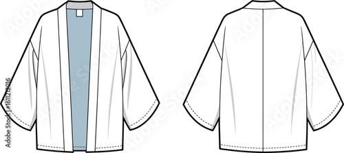 Kimono jacket vector, casual open front, loose fit clothing, short sleeve design, lightweight fabric, street style, fashion apparel, front back view, flat vector 