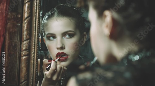 A woman with vampire fangs applying red lipstick in front of a mirror with an ornate gold frame