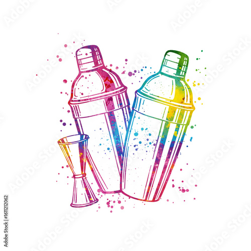 Colorful barware essentials, featuring two cocktail shakers and a measuring jigger, are depicted with expressive watercolor paint splatters.