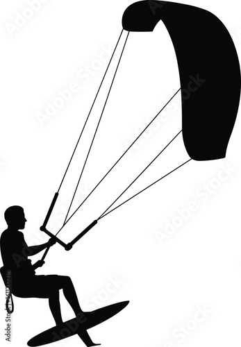 Kitesurfing silhouette vector, man flying kite, water sport extreme, black illustration, adventure activity design, summer outdoor fun, action figure isolated on white