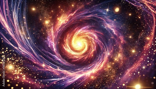 A mesmerizing, glowing cosmic vortex swirling in deep space, illuminated by radiant shades of purple, pink, and orange