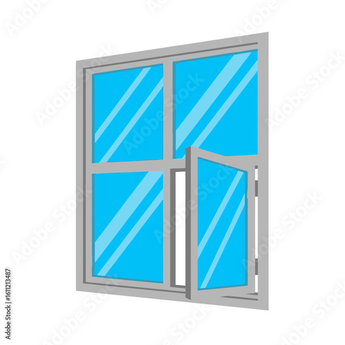 Gray framed window with blue glass and a partially open pane