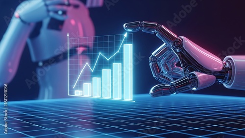 This image depicts a robotic hand interacting with a glowing bar chart, symbolizing AI-driven financial growth, business automation, and data analysis in a futuristic setting.
