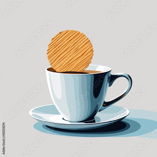 Cookie resting on top of coffee in white cup on gray background  