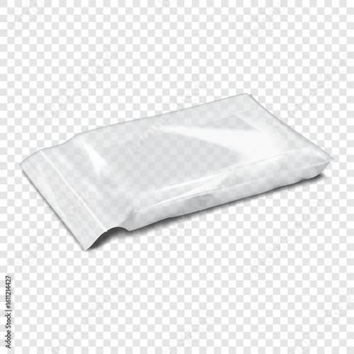 Lying clear plastic pillow pouch with zip lock. Realistic vector mock-up. Empty transparent zipper poly bag. 3d mockup. Glossy vinyl envelope sleeve resealable package. Template for design