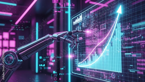 This image features a robotic arm interacting with a large, glowing digital screen displaying a futuristic financial growth chart and data in a vibrant, high-tech environment.