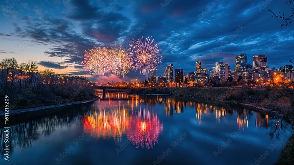 Fototapeta premium Stunning fireworks over a city skyline reflected in a river.