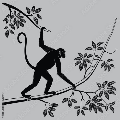 Gibbon Walking on Tightrope-like Branch Silhouette vector design art and illustration