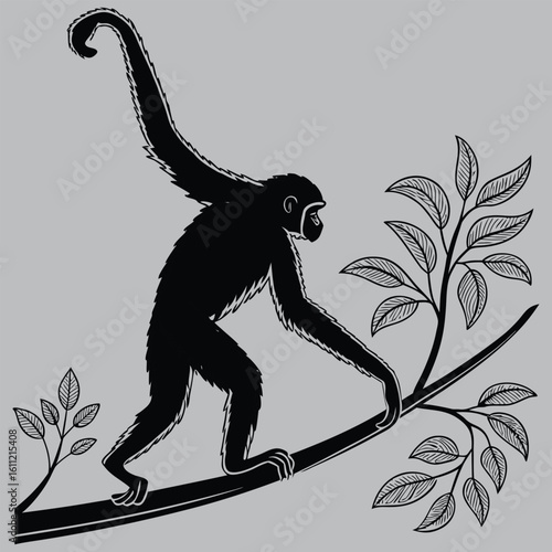 Gibbon Walking on Tightrope-like Branch Silhouette vector design art and illustration