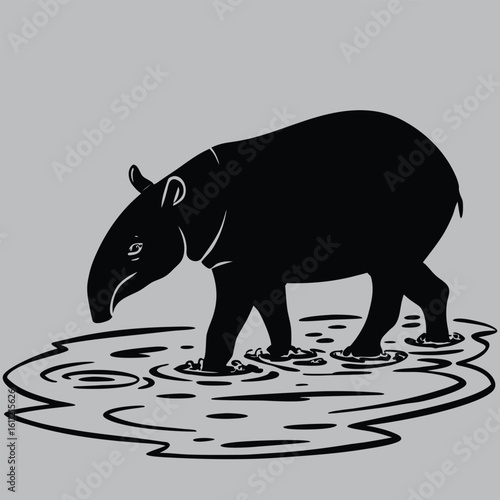Tapir Bathing in Muddy Pool Silhouette vector design art and illustration