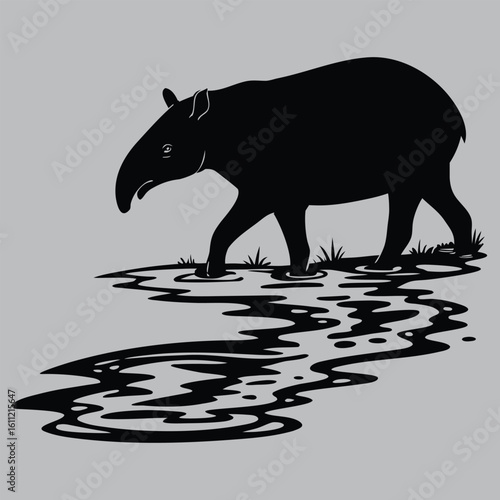 Tapir Bathing in Muddy Pool Silhouette vector design art and illustration