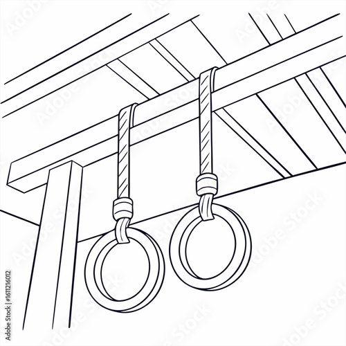 Gymnastic rings hanging from a wooden bar in a simple line drawing style for fitness and sports concepts