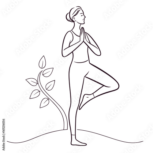 Line art illustration of a woman performing the vrksasana yoga pose with a stylized tree and gentle hills