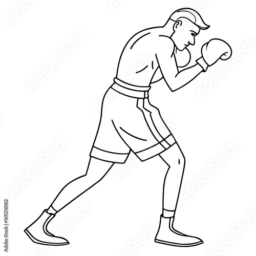 Stylized outline drawing of a male boxer in a fighting stance wearing boxing gloves and shorts