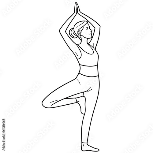 Line art illustration of a woman performing the vrikshasana or tree pose in yoga with hands clasped overhead