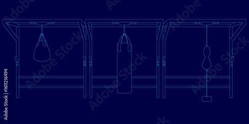 Three detailed punching bag blueprints on a vibrant blue background, each with distinct shapes and sizes. The white contours of the boxing equipment contrast sharply against the blue.
