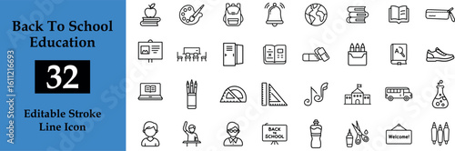 Collection of diverse back to school icons including a backpack pencil and apple isolated on transparent background