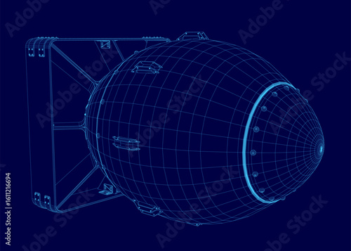 A 3D wireframe model of an atomic bomb on a solid blue background, showcasing intricate details and geometric structure. The design highlights the complex internal components with clean lines.