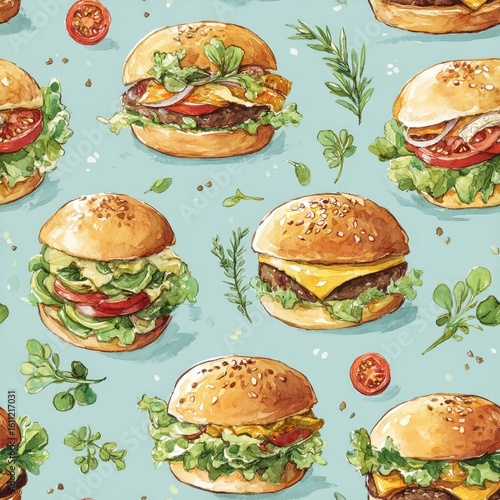 Watercolor Illustration Of Delicious Burgers And Herbs Forming A Fun Food Pattern Seamlessly