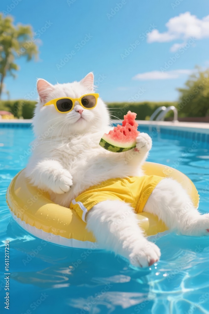 Obraz premium White cat wearing sunglasses and shorts, floating on an inflatable ring in a pool while holding a watermelon slice.