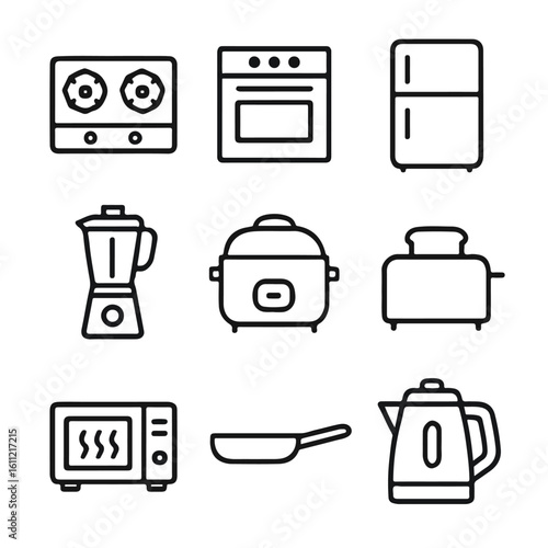 Black line icon set isolated on white background – kitchen appliances and cooking tools