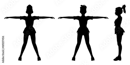 A woman in a flowing dress stands with arms outstretched, her silhouette repeated three times in black against a clean white background. The polygonal style adds a modern geometric edge.
