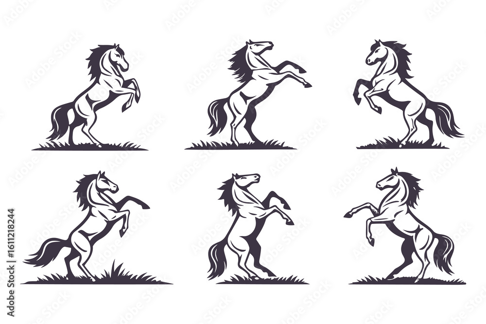 Fototapeta premium Set of Horse Silhouettes Vector Illustration, Collection of Running and Standing Horses, Black Animal Icons Isolated on White Background