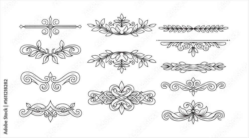 Naklejka premium Flourished retro ornament separator. Herbal detailed doodle design aspects. Antique botanical border. Wedding invite, greeting card, scrapbook stamp, award wreath floral embellishment