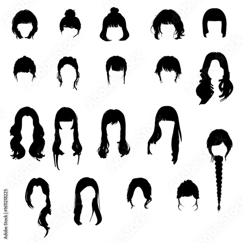Silhouettes of various women's hairstyles in black against a white background, featuring long wavy, short curly, and polygonal styles. The clean vector design highlights diverse hair textures.