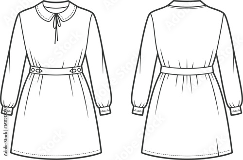 Long sleeve dress, peter pan collar, tie neckline, buttoned waist belt, elastic cuffs, casual women’s dress, garment technical sketch, sewing pattern, CAD drawing, flat vector illustration