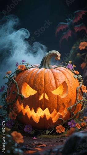 Glowing Jack-o'-Lantern Surrounded by Flowers and Mist