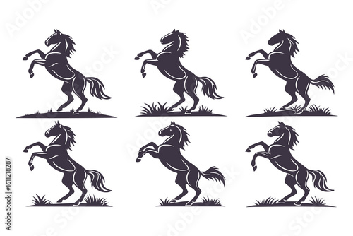Set of Horse Silhouettes Vector Illustration, Collection of Running and Standing Horses, Black Animal Icons Isolated on White Background