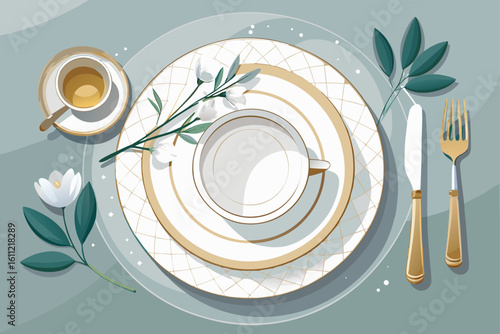 A simple white plate and a round plate with gold lines and steel cutlery are on the table, next to it is decorated with a small blooming flower or wedding flower, and an empty cup is placed next to it