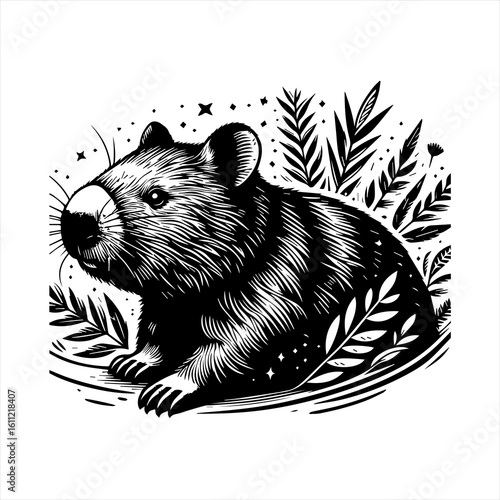 Wombat in foliage illustration