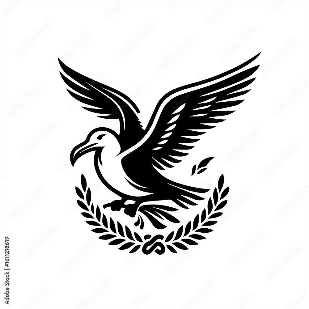 Fototapeta premium Seagull flying with laurel wreath